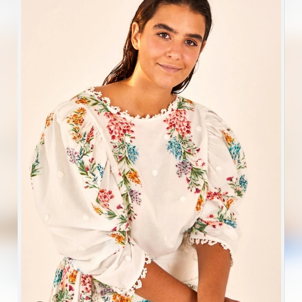 FARM RIO Louise Floral White Multi Floral Puff Sleeve Top M Like New RARE